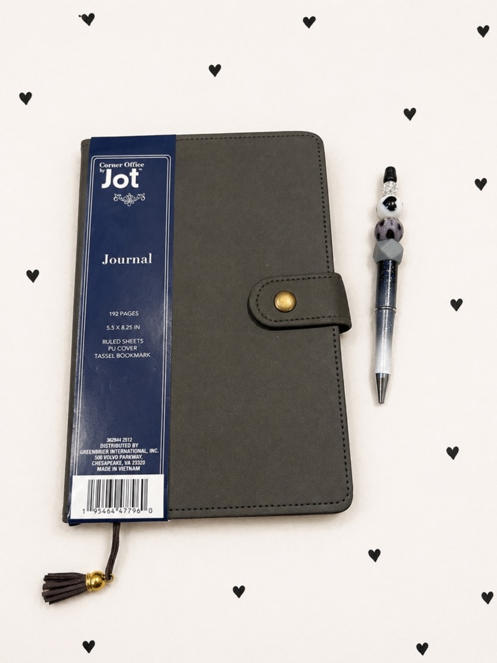 Handmade gray beaded heart pen with matching faux leather journal